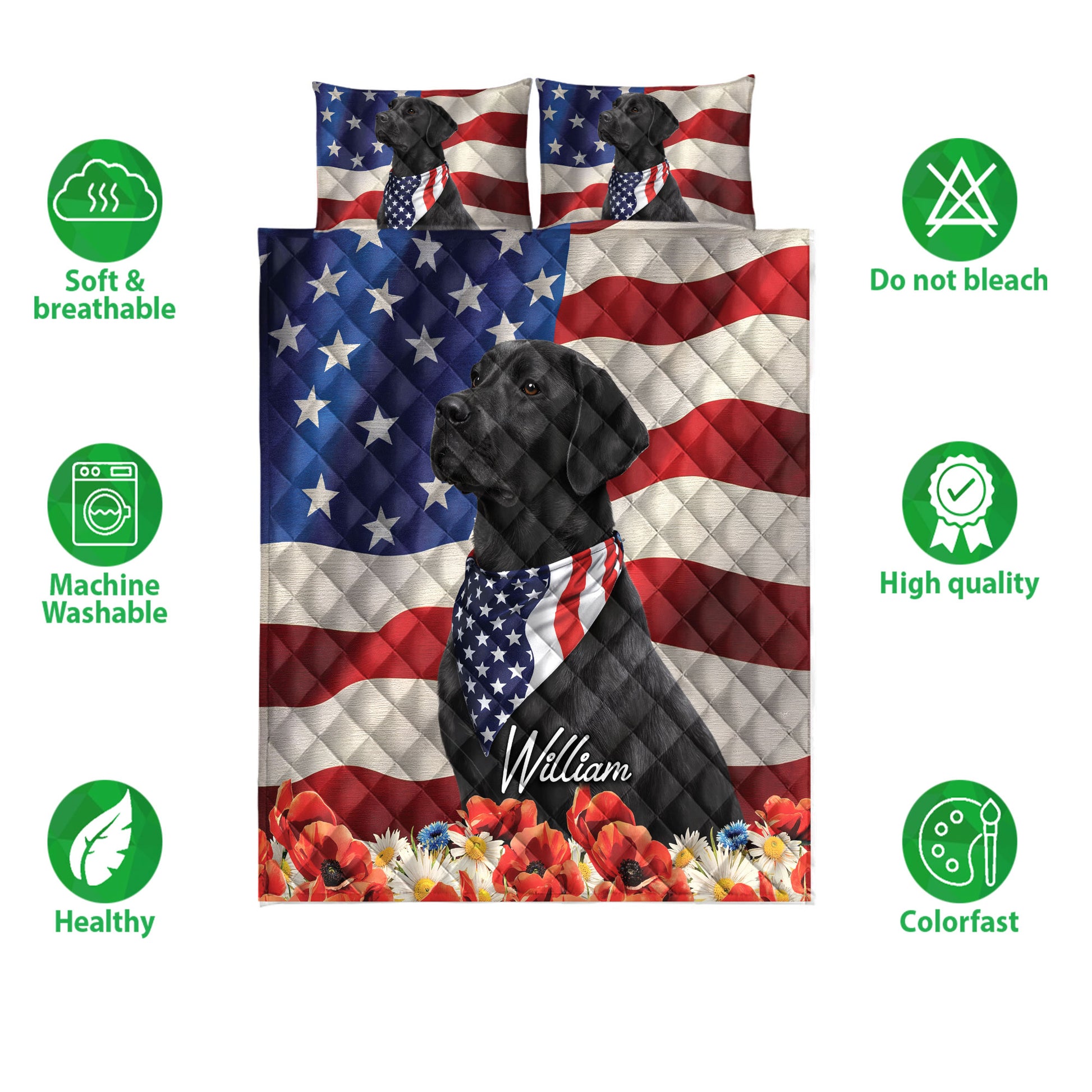 Black Labrador Retriever quilt blanket and bedding display with patriotic artwork and floral border