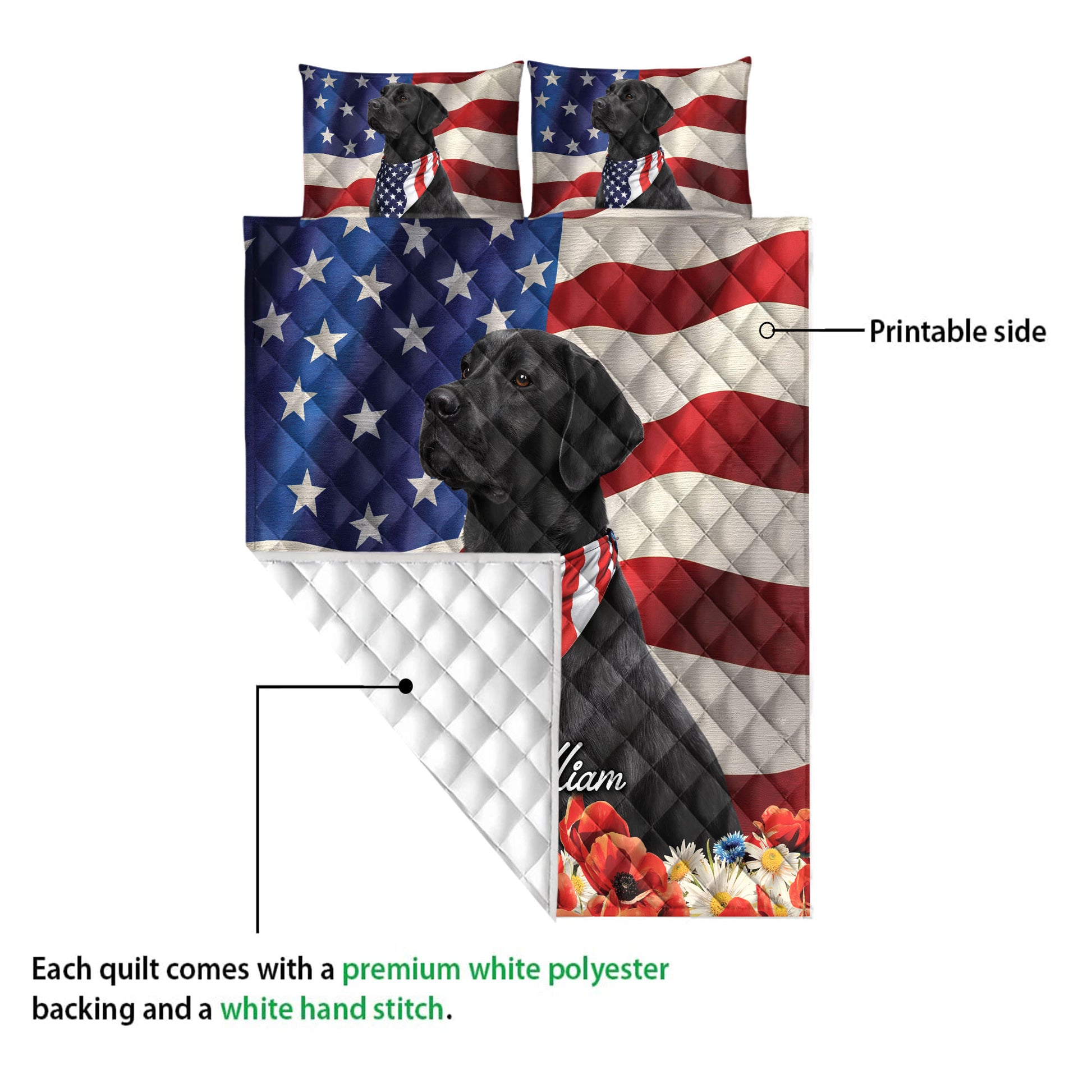 Close view of Labrador Retriever quilt showing the printed flag design and white quilted backing