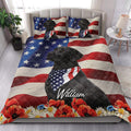 Patriotic Labrador Retriever quilt bedding styled in a bright bedroom with flag artwork and flowers