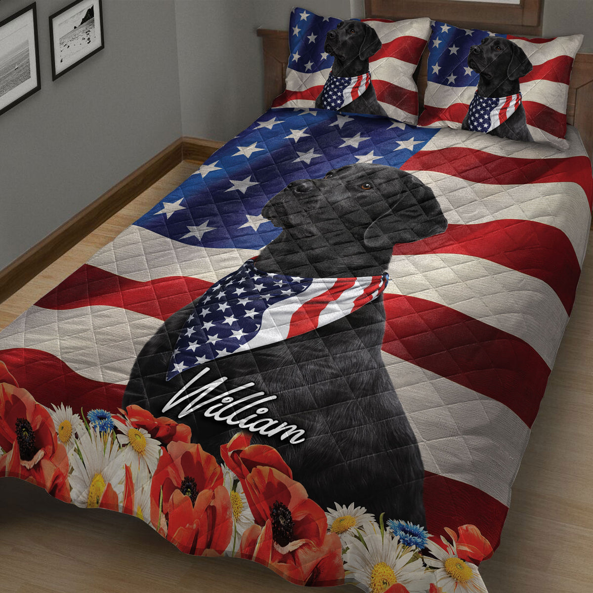 Black Labrador Retriever quilt blanket spread across a bed with stars, stripes, and floral accents
