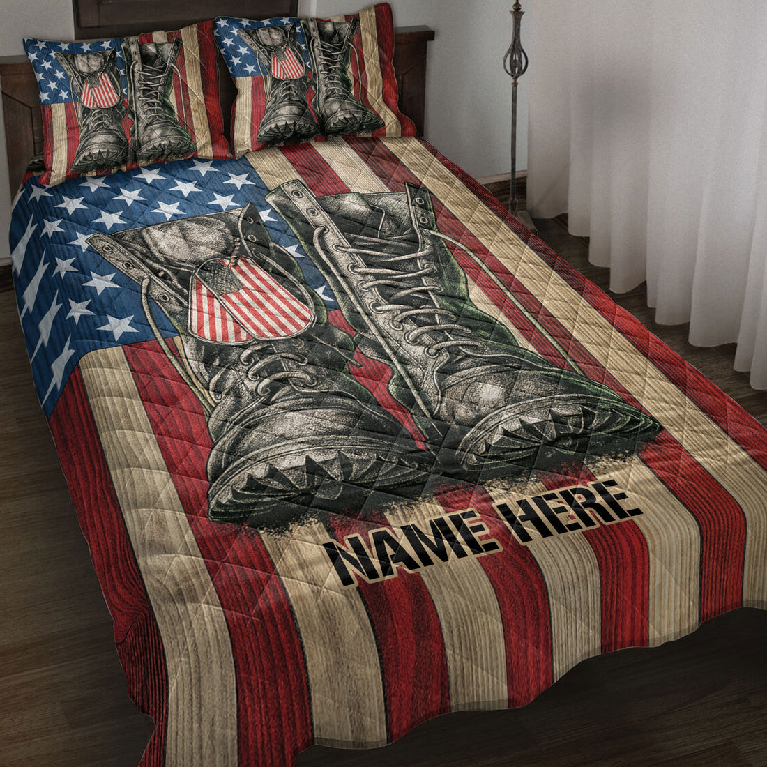Veteran quilt blanket bedding set with military boots and patriotic red, white, and blue flag artwork