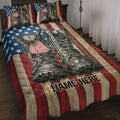 Veteran quilt blanket bedding set with military boots and patriotic red, white, and blue flag artwork