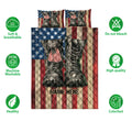 Patriotic veteran quilt blanket displayed with military boot artwork and product feature icons