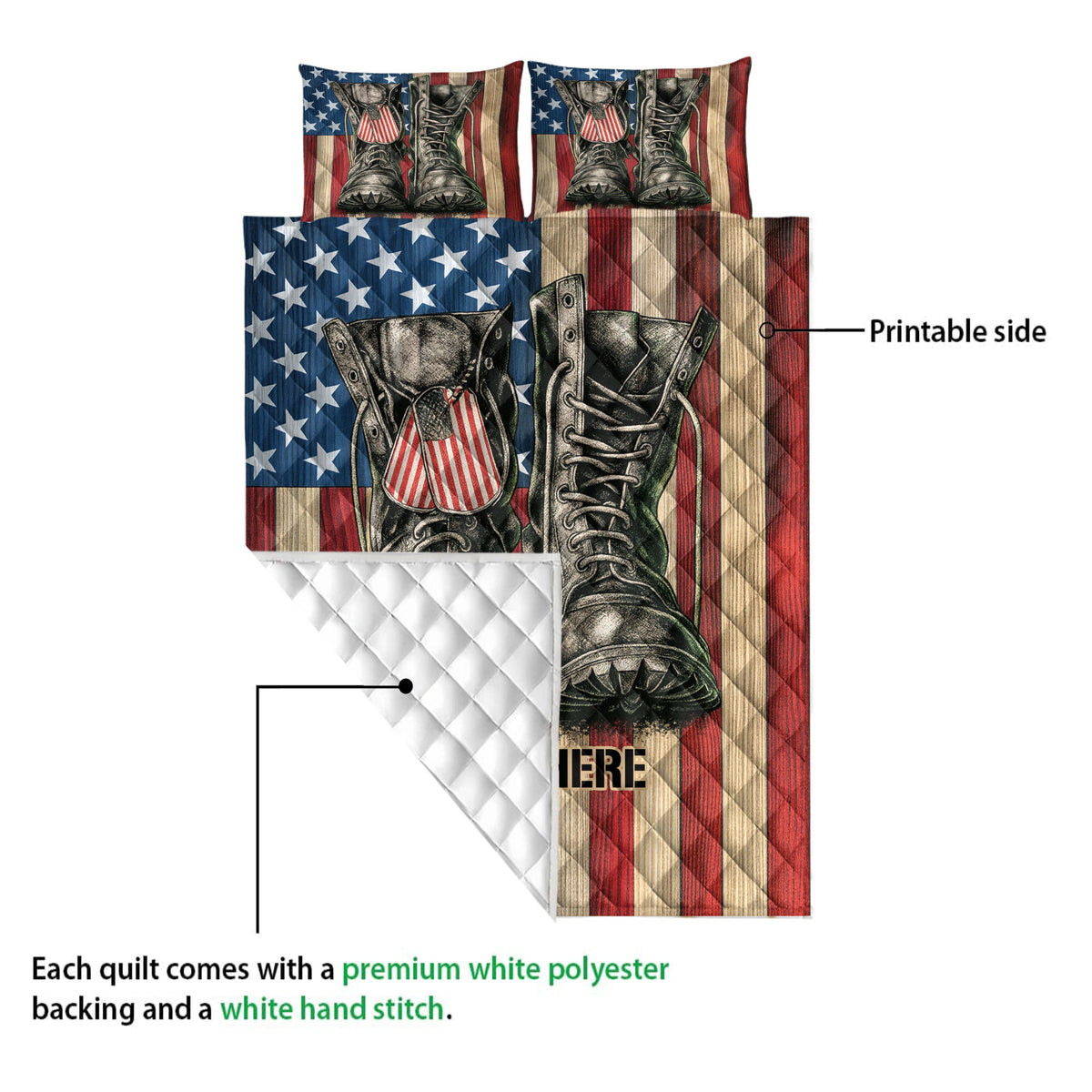 Veteran quilt blanket showing patriotic boot artwork, printable front, and white quilted backing