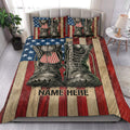 Veteran quilt blanket bedding set displayed in a bright bedroom with military boot artwork