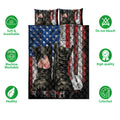 Veteran quilt bedding set shown with military boot and dog tag artwork alongside product feature icons