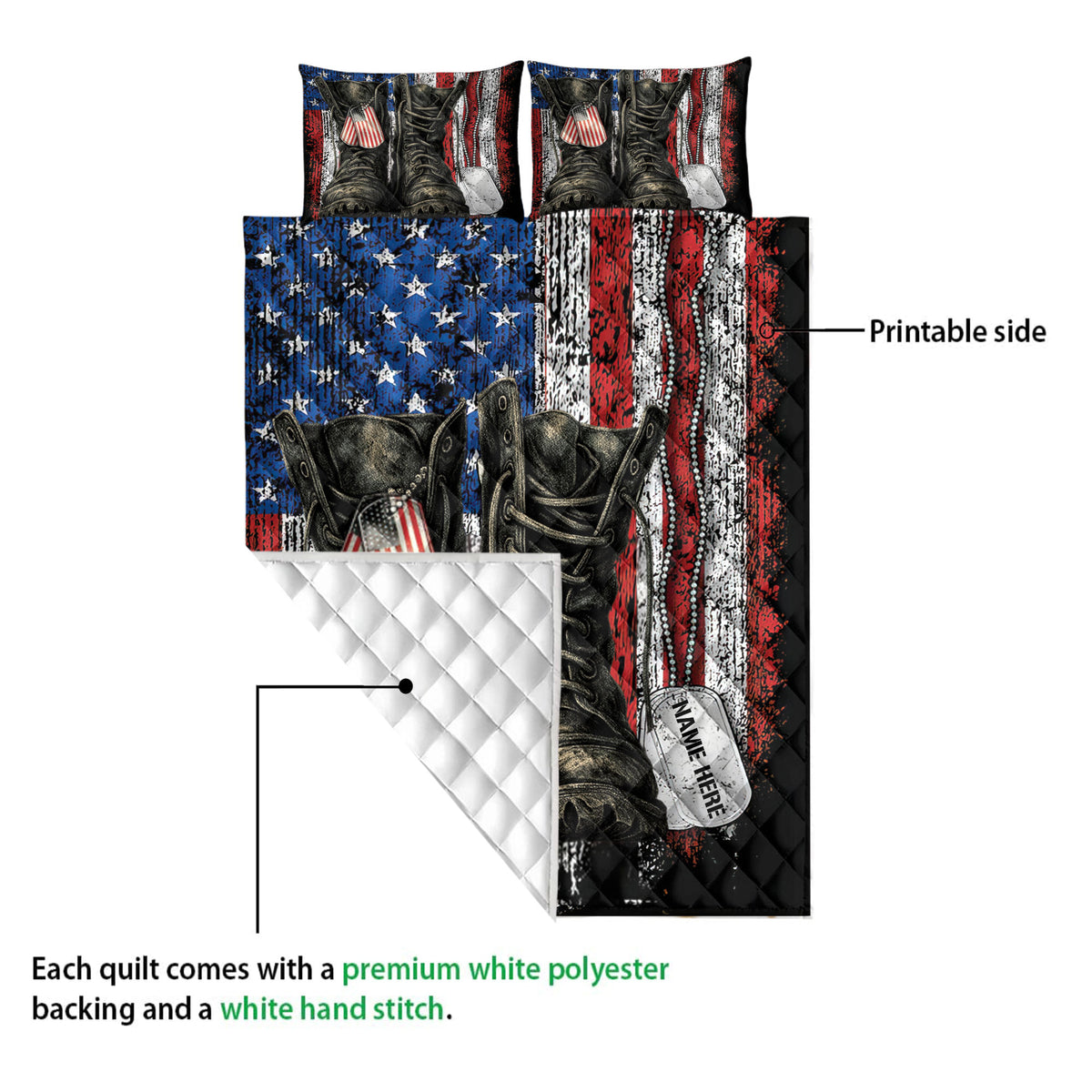 Veteran quilt blanket showing the printed front artwork and white quilted polyester backing