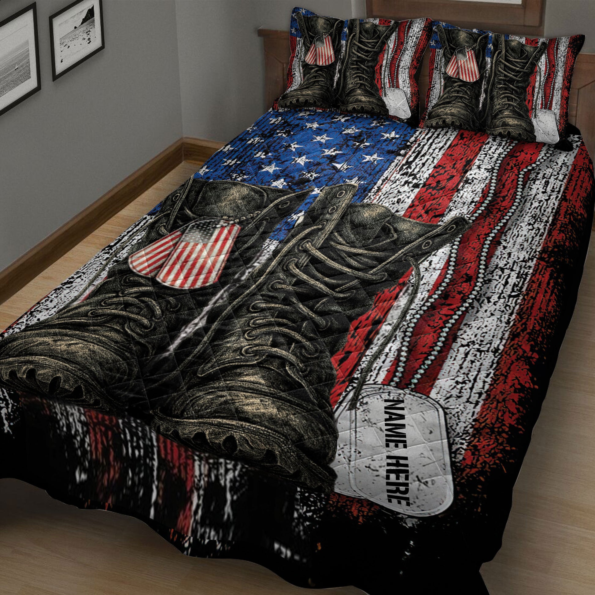 Close view of veteran quilt bedding with military boots, patriotic dog tags, and distressed red, white, and blue stripes