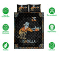 Softball quilt bedding set shown with two matching pillow designs and feature icons around the printed quilt