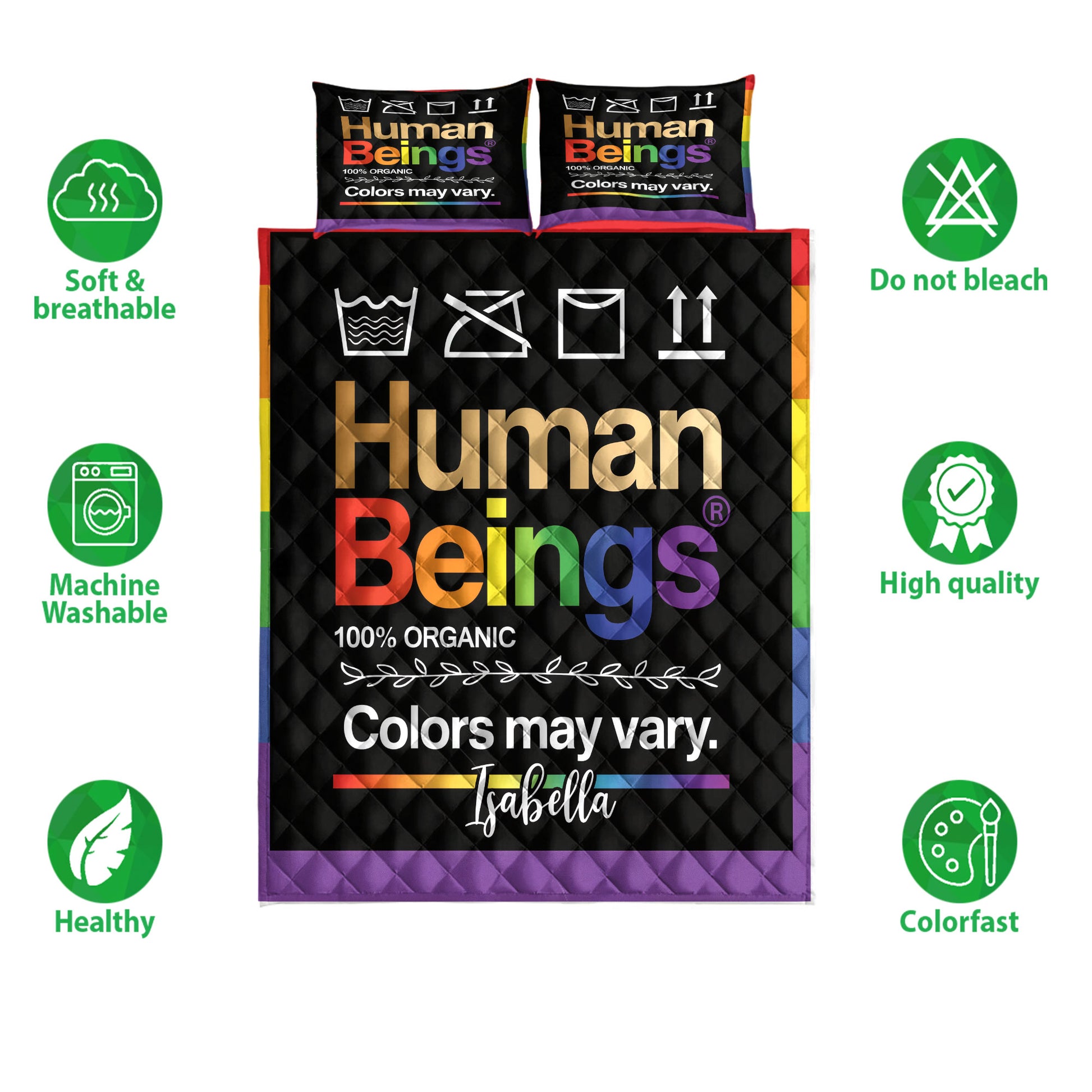 LGBT quilt bedding set shown front-facing with rainbow border, black background, and care icons