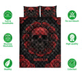 Skull and red rose quilt bedding set shown front-facing with product feature icons