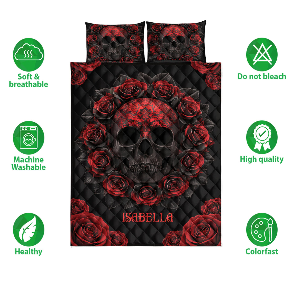 Skull and red rose quilt bedding set shown front-facing with product feature icons