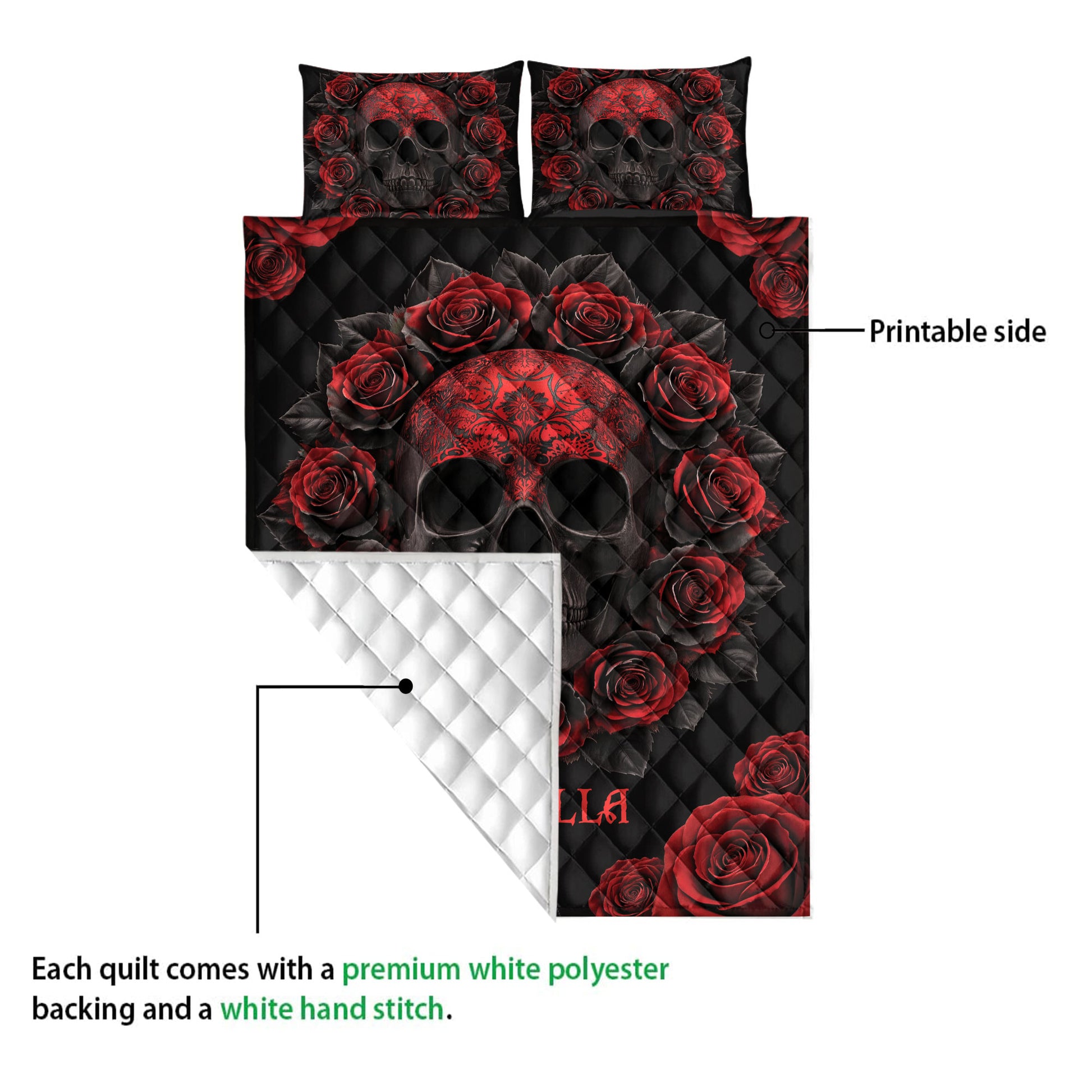 Skull rose quilt blanket showing the printed front and white quilted reverse side