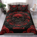 Gothic skull and red rose quilt bedding styled across a bright modern bedroom