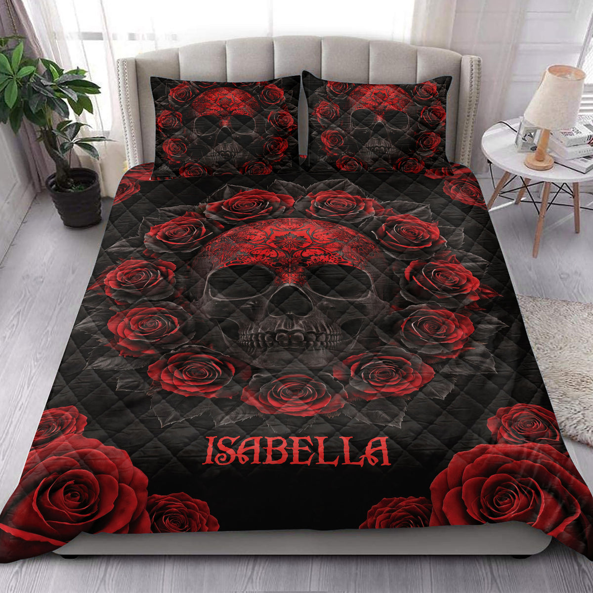 Gothic skull and red rose quilt bedding styled across a bright modern bedroom