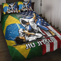 Jiu Jitsu quilt blanket displayed on a bed with grappling artwork and Brazilian and American flag colors