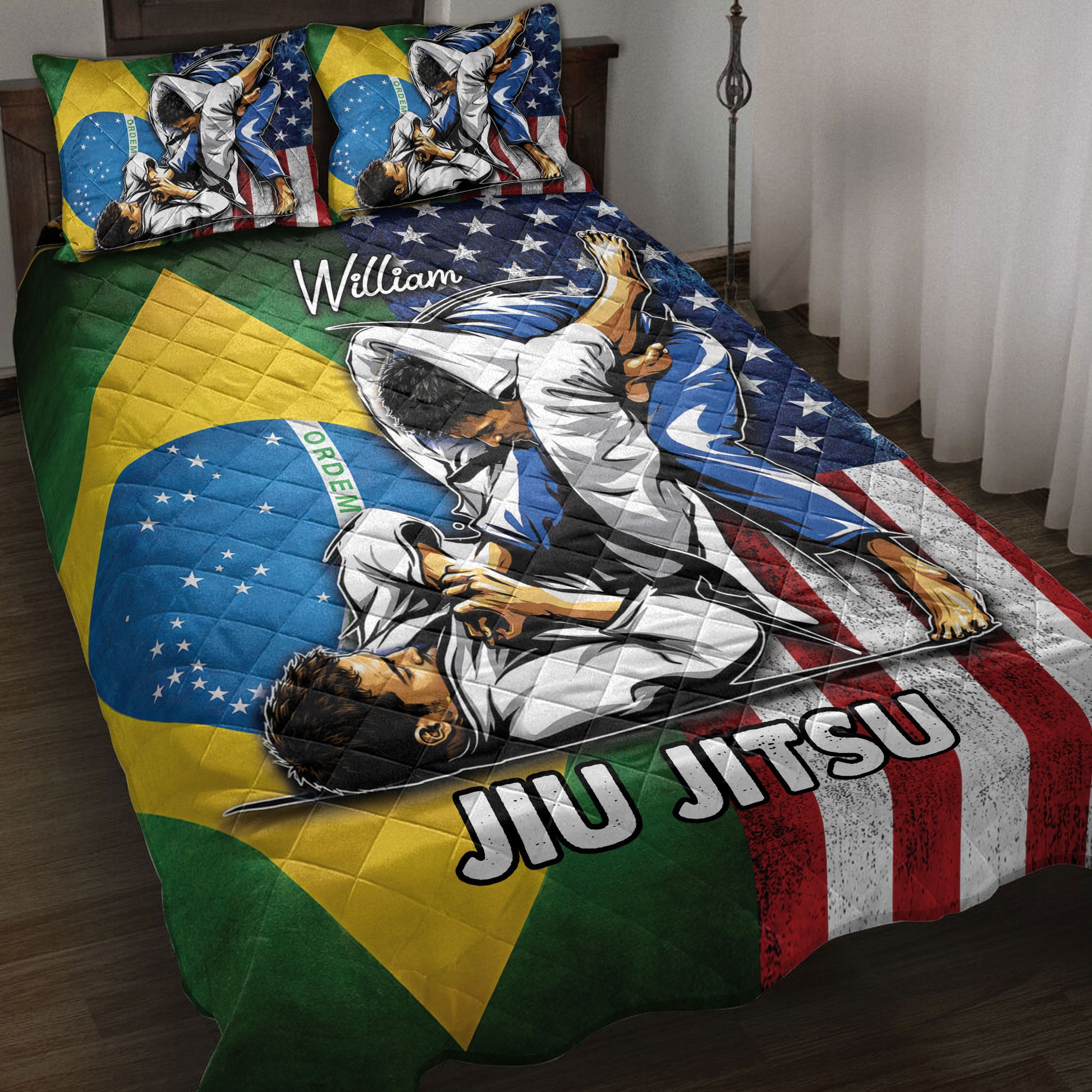 Jiu Jitsu quilt blanket displayed on a bed with grappling artwork and Brazilian and American flag colors