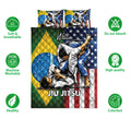 Jiu Jitsu quilt bedding set shown with grappling artwork, patriotic colors, and product feature icons