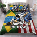 Jiu Jitsu quilt bedding styled in a bright bedroom with grappling artwork and bold flag colors