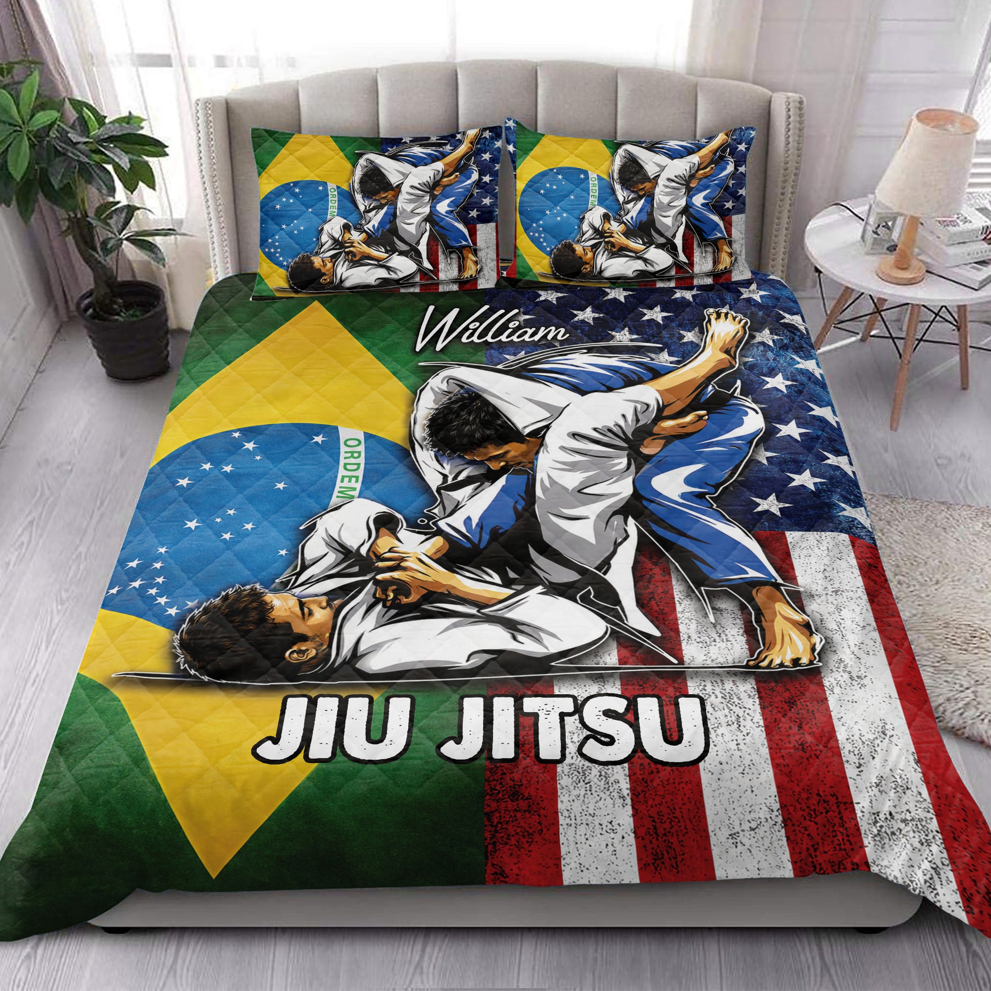 Jiu Jitsu quilt bedding styled in a bright bedroom with grappling artwork and bold flag colors