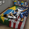 Jiu Jitsu quilt blanket draped across a bed with dynamic martial arts grappling artwork