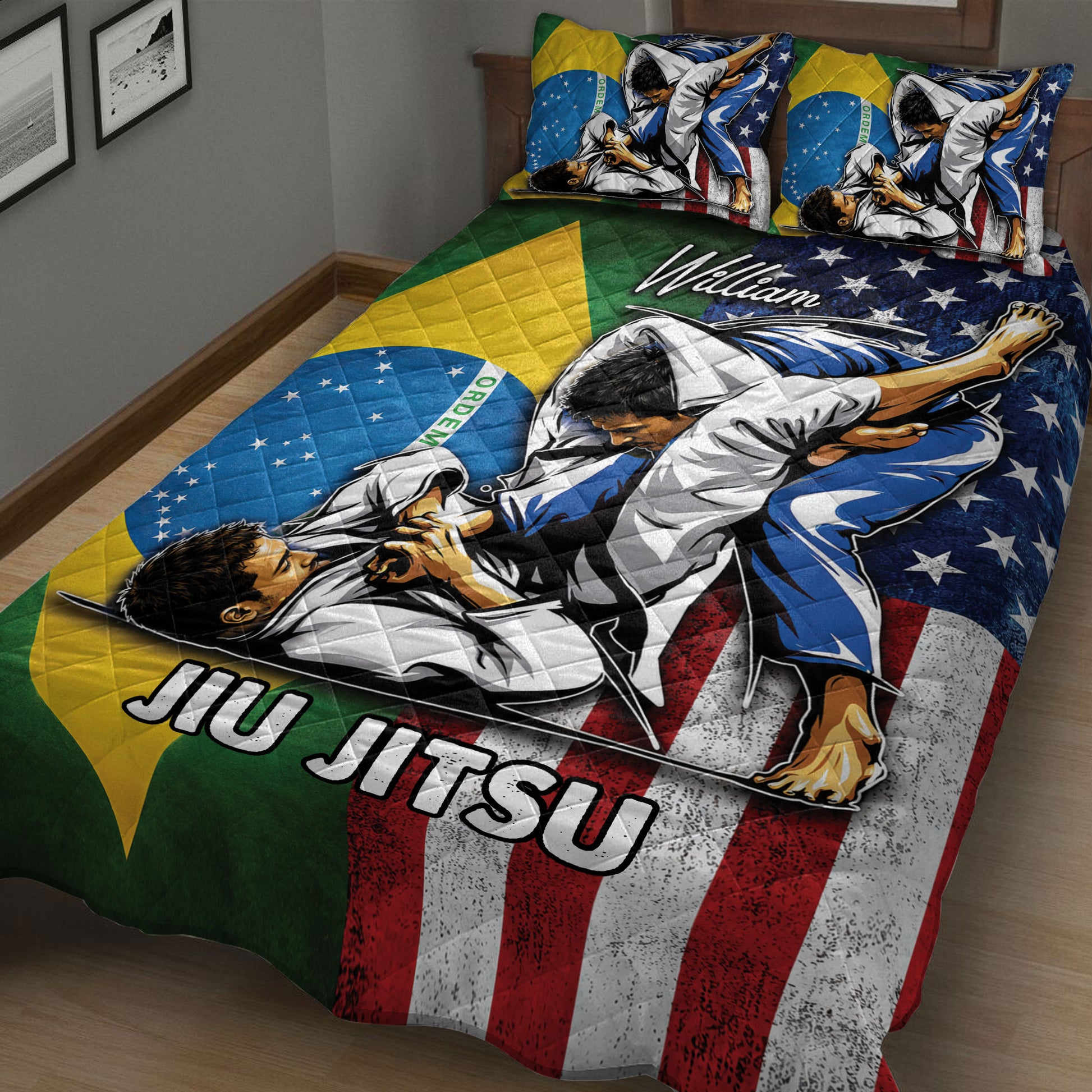 Jiu Jitsu quilt blanket draped across a bed with dynamic martial arts grappling artwork