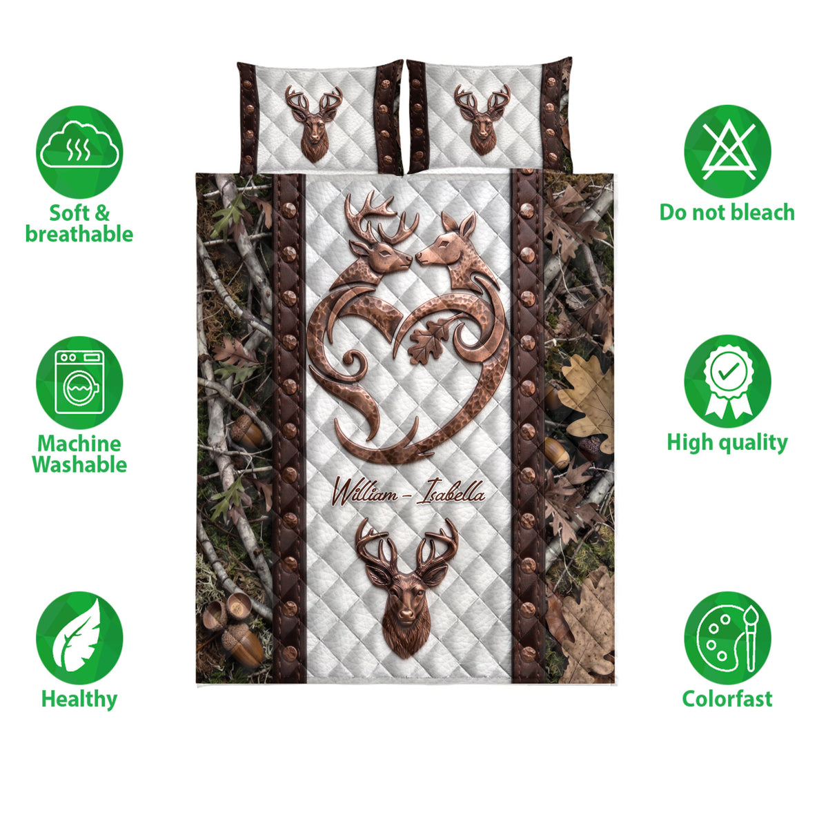 Hunting quilt bedding set shown with deer and woodland artwork alongside soft, washable, and colorfast feature icons