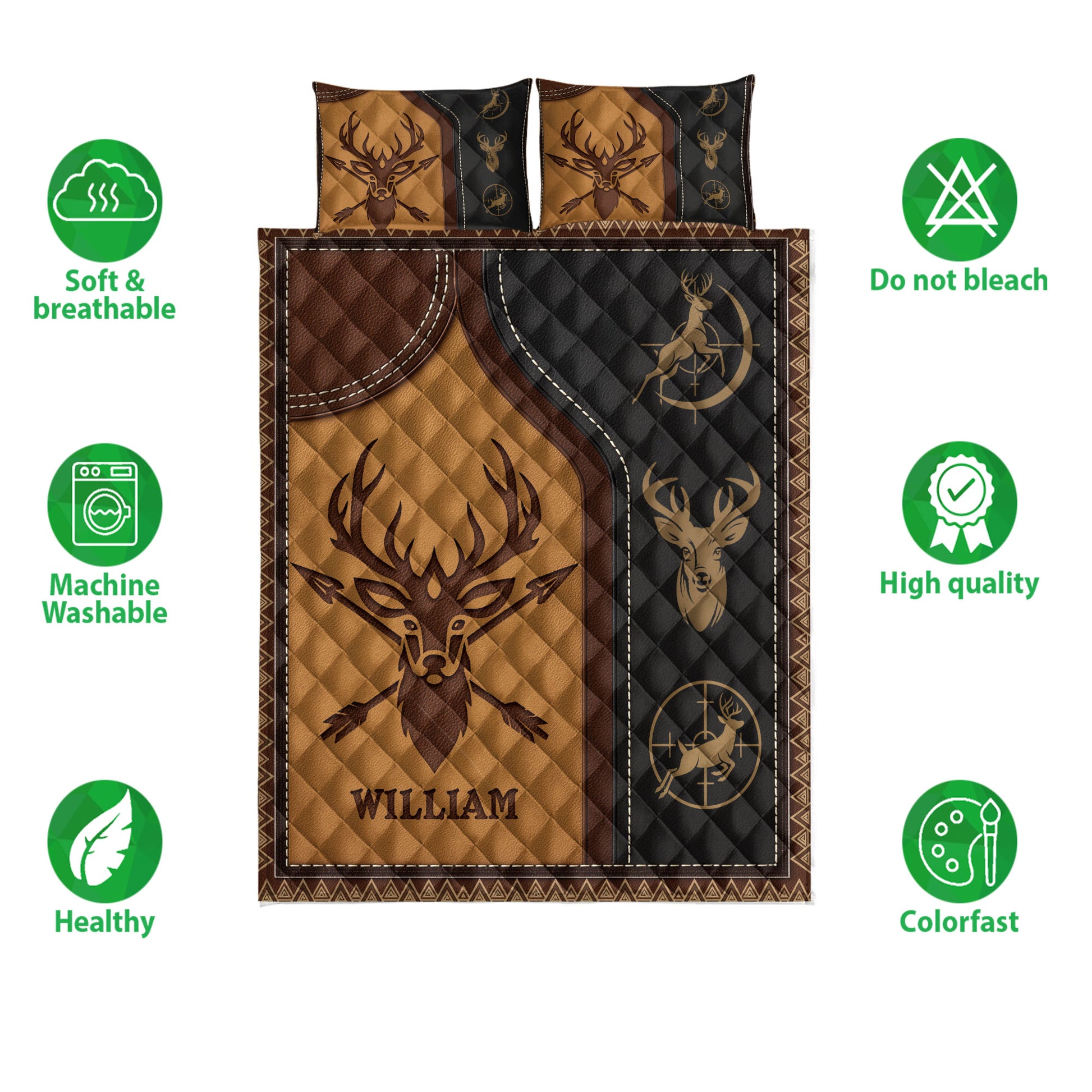 Hunting quilt bedding set with deer artwork shown in a product features presentation