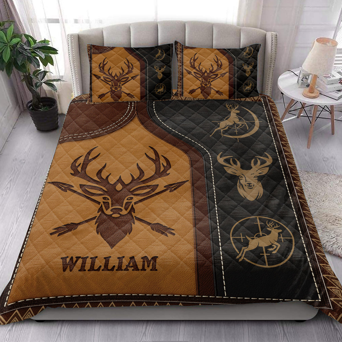 Hunting quilt bedding styled in a bright bedroom with deer and antler artwork
