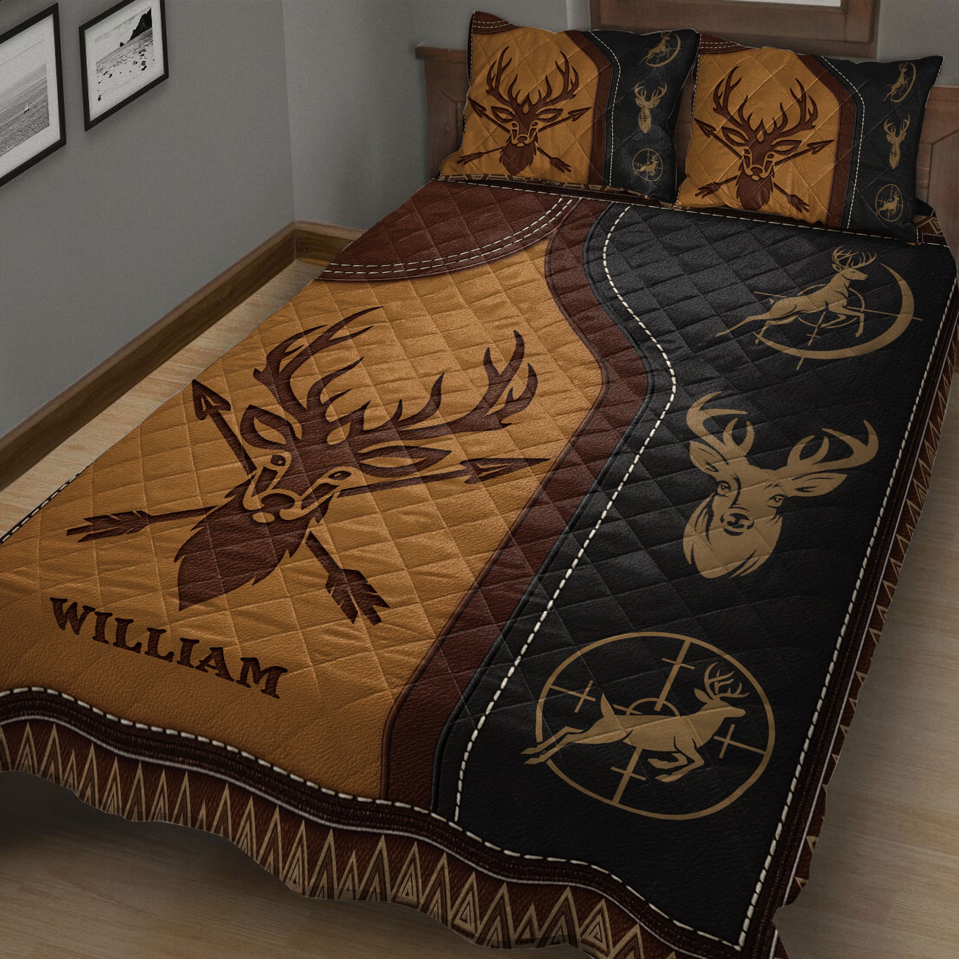 Close-up of a rustic hunting quilt blanket with deer artwork and brown and black geometric borders