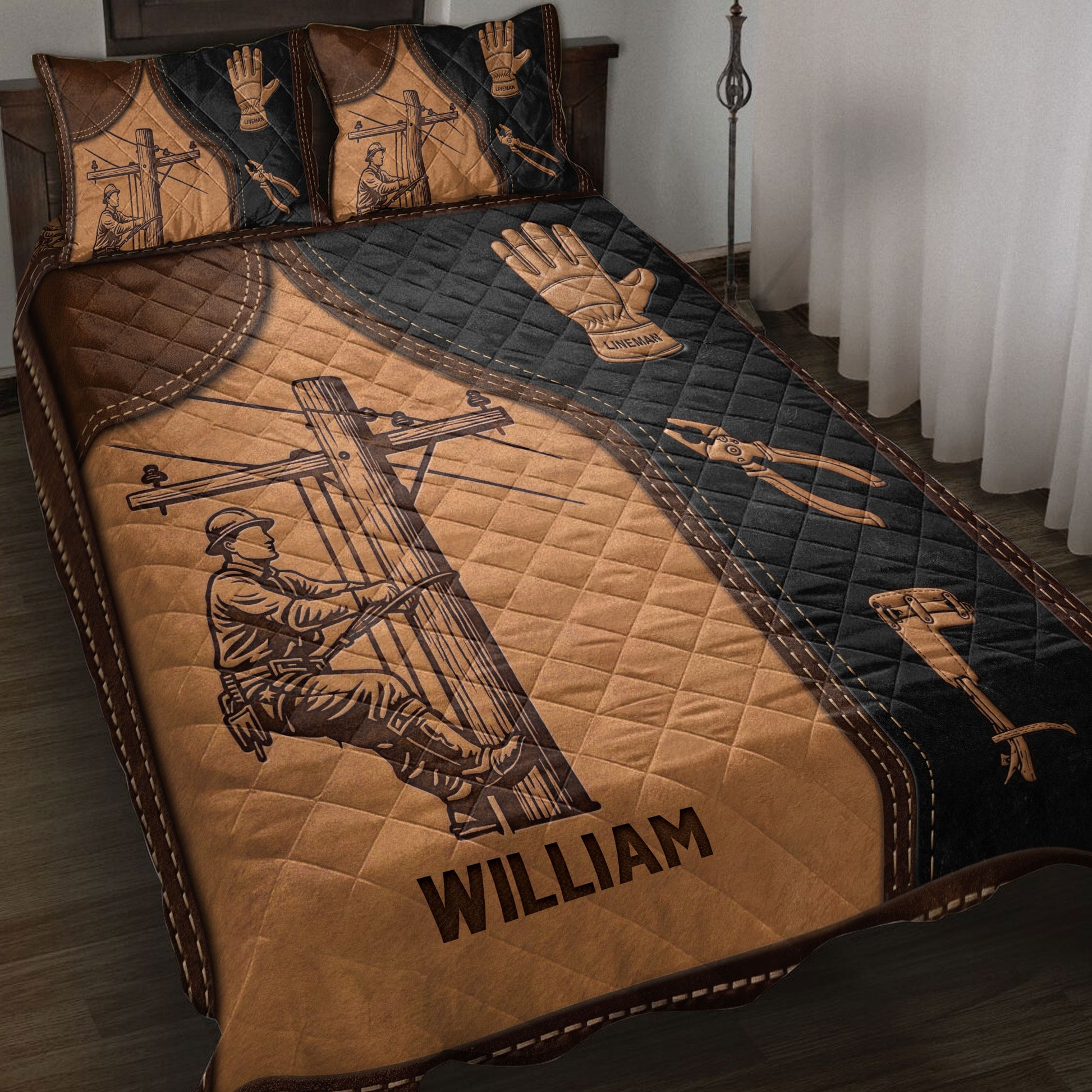 Lineman quilt blanket displayed on a bed with utility pole artwork, work gloves, tools, and brown black styling
