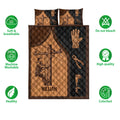 Lineman quilt bedding set shown with utility worker artwork and product feature icons