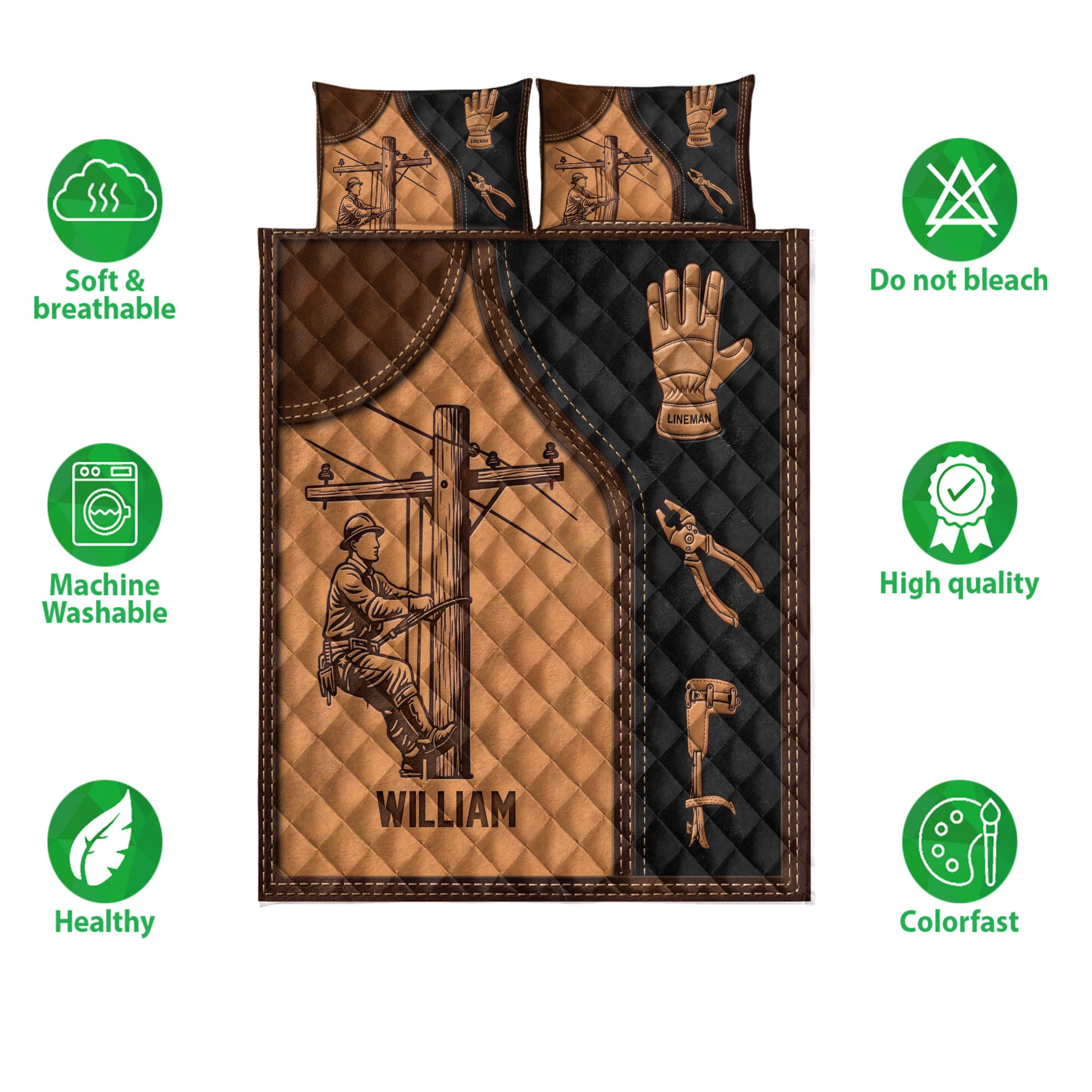 Lineman quilt bedding set shown with utility worker artwork and product feature icons