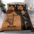 Lineman quilt bedding styled in a bedroom with utility worker illustrations and brown black decor