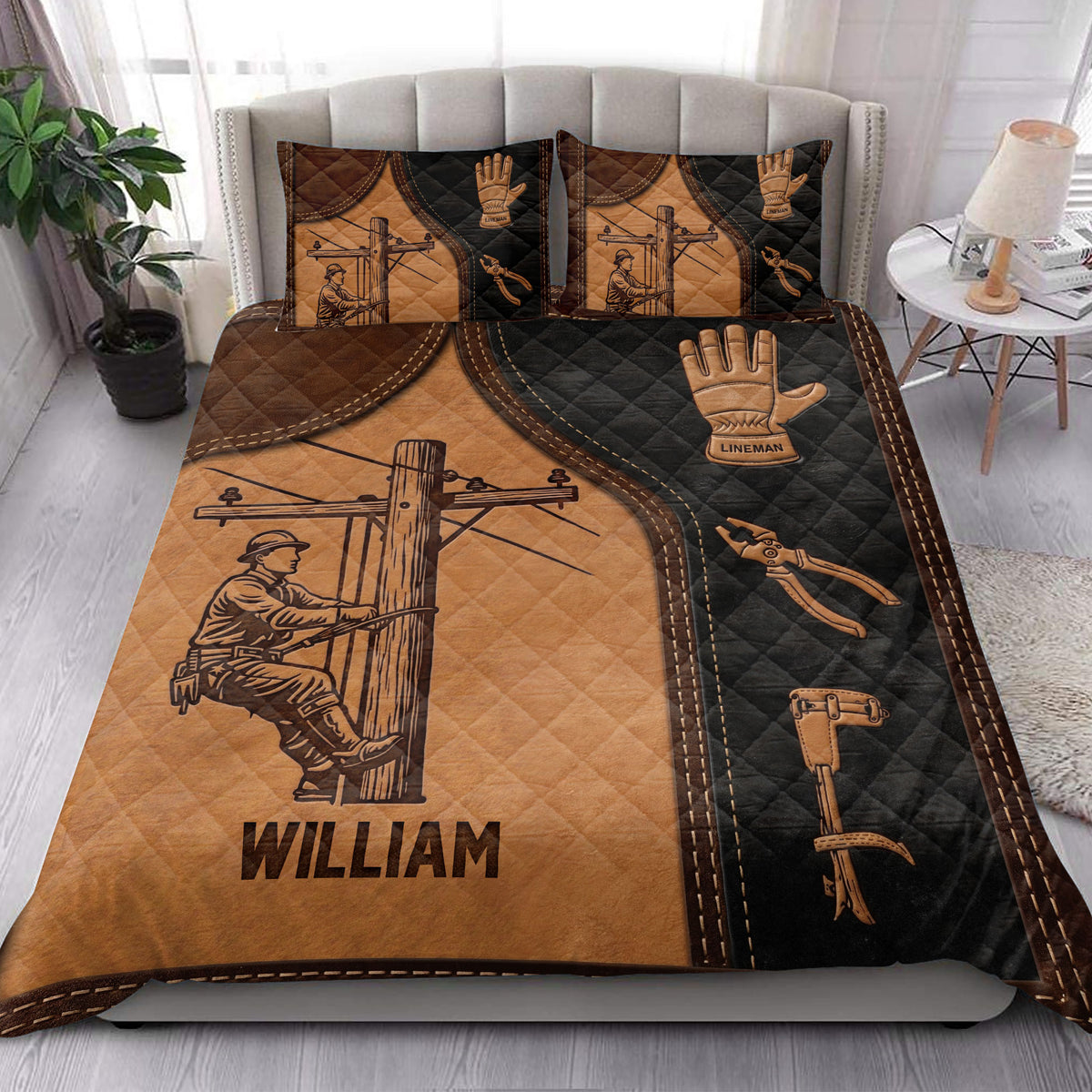 Lineman quilt bedding styled in a bedroom with utility worker illustrations and brown black decor