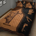 Lineman quilt blanket spread across a bed with lineworker, utility pole, glove, and tool artwork