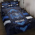 Police quilt blanket displayed on a bed with blue, black, and white shield artwork