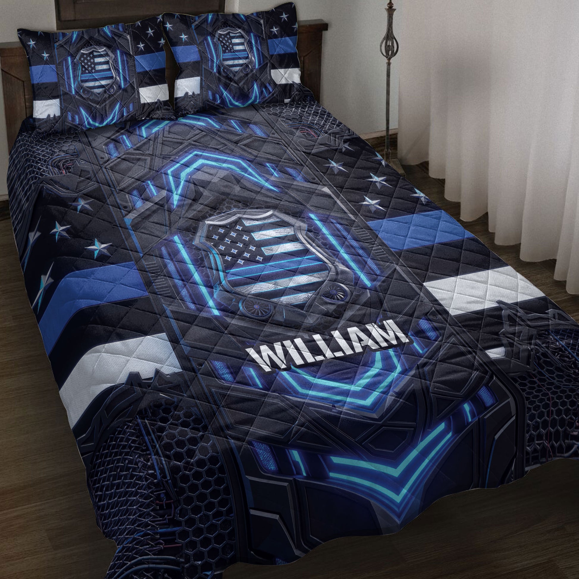 Police quilt blanket displayed on a bed with blue, black, and white shield artwork