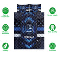 Police quilt bedding set shown with bold shield artwork, stars, and blue accent details