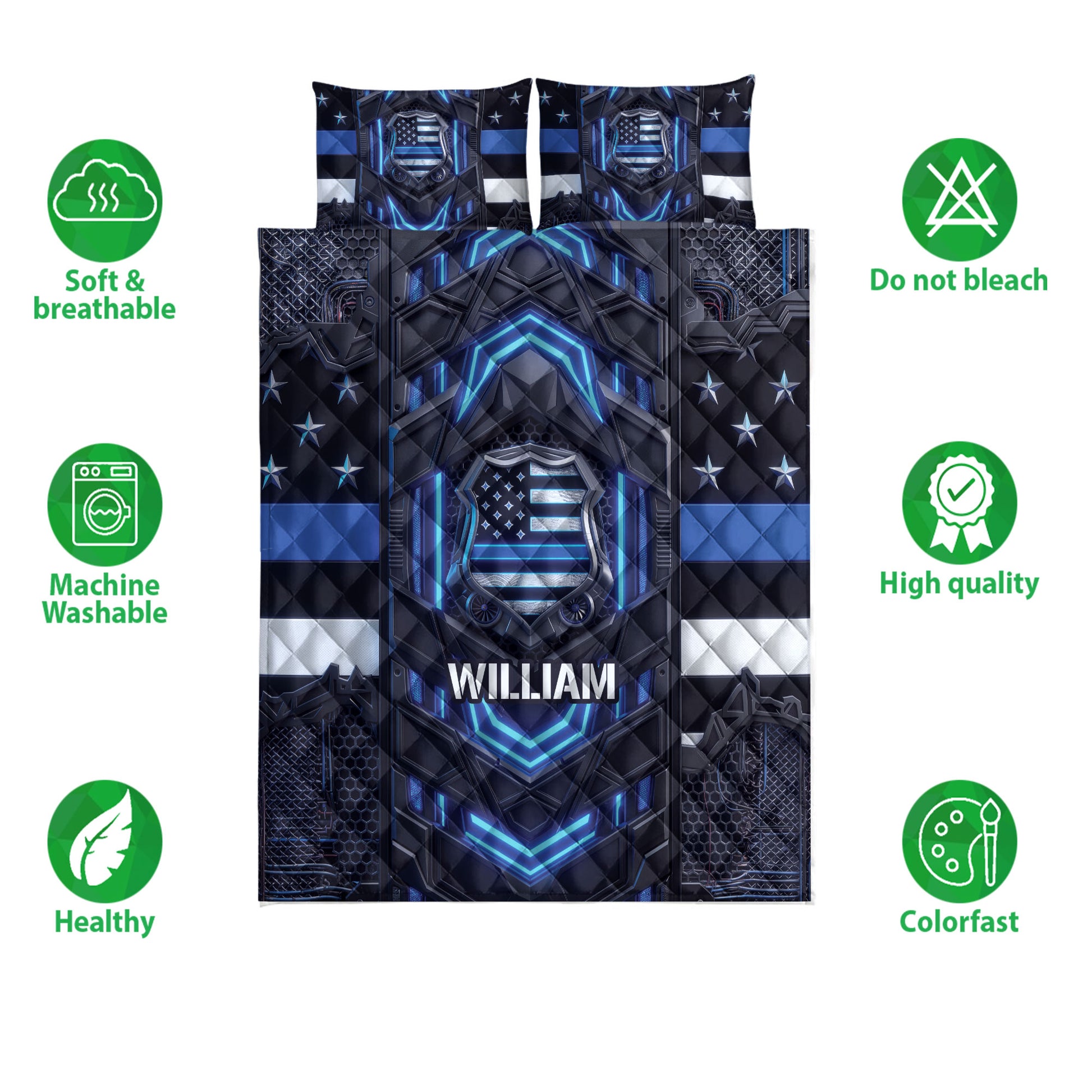 Police quilt bedding set shown with bold shield artwork, stars, and blue accent details