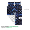 Close view of police quilt blanket showing printed front and white quilted backing