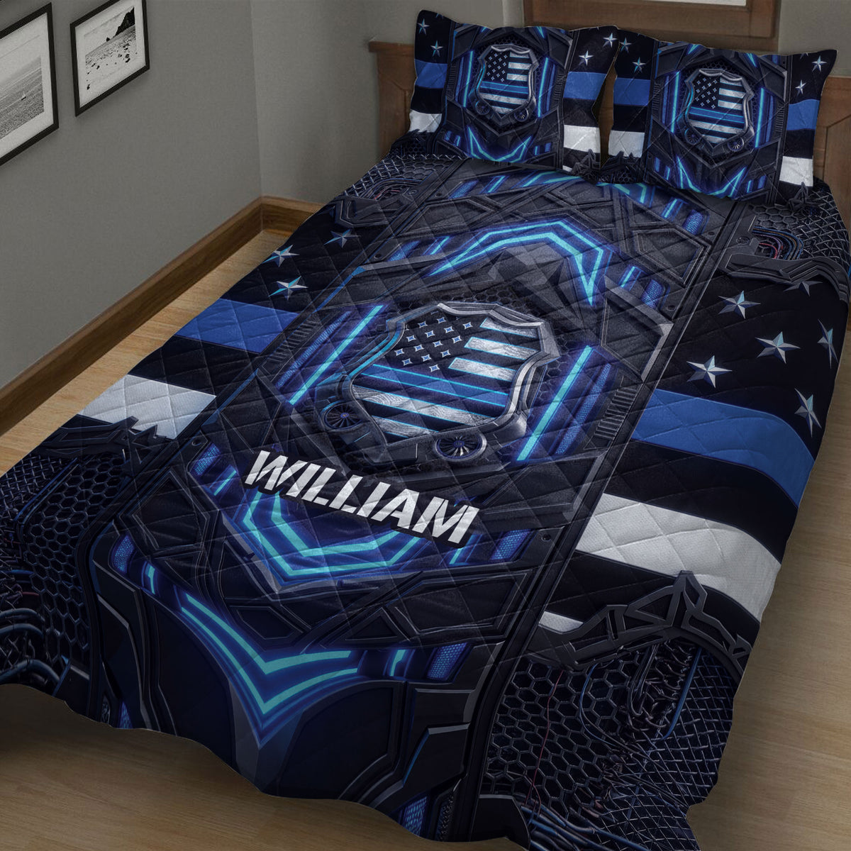 Close bedroom view of police quilt bedding with dark shield design and blue accents