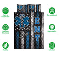Paramedic quilt bedding set shown flat with blue medical symbols, black and white stripes, and star accents