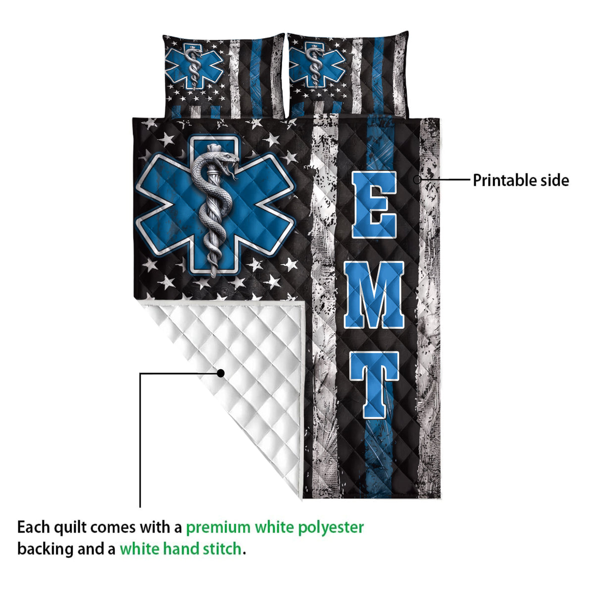 Paramedic quilt detail showing the printed side, white quilted backing, and blue Star of Life medical artwork