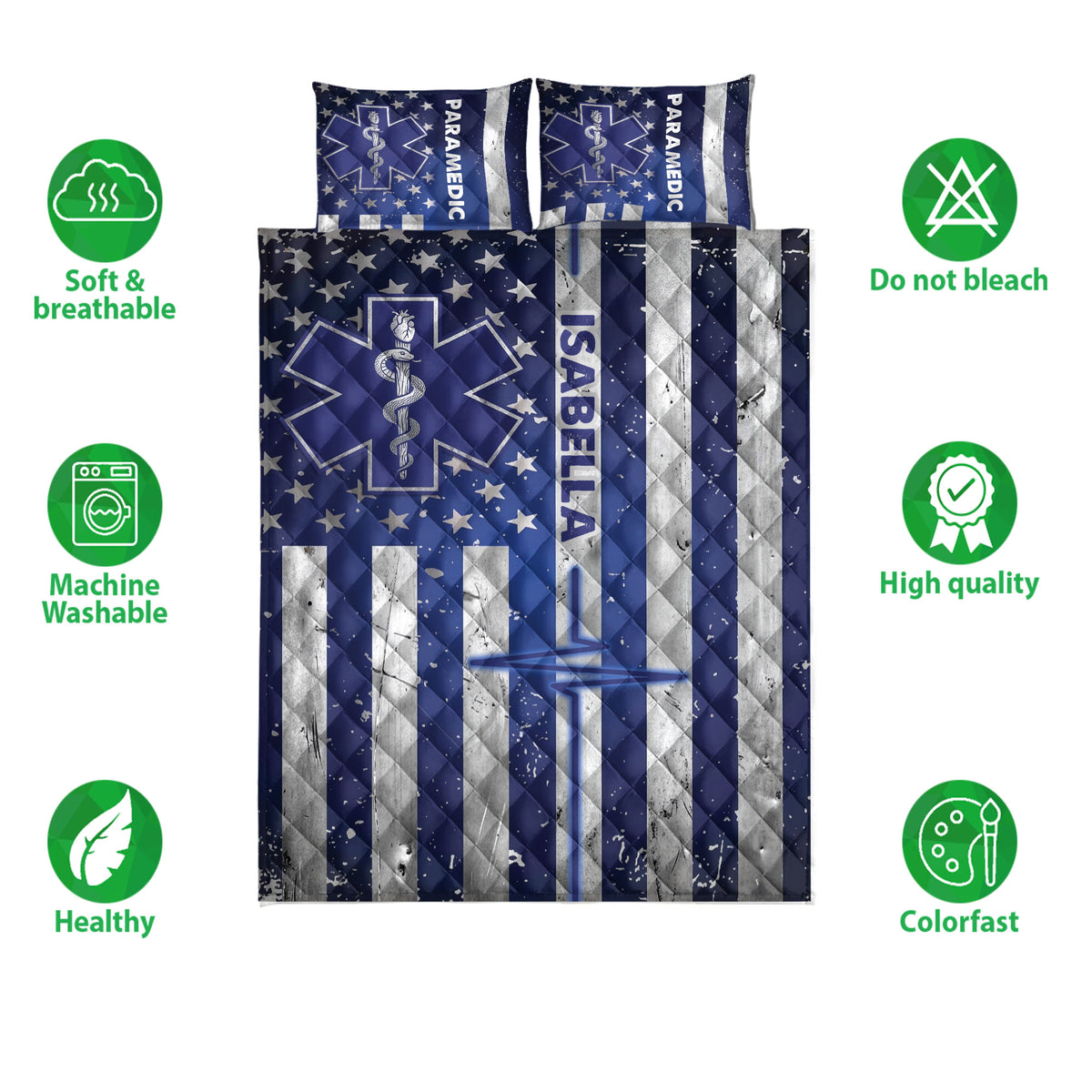 Paramedic quilt bedding set shown front-facing with medical star artwork, navy and silver stripes, and care icons