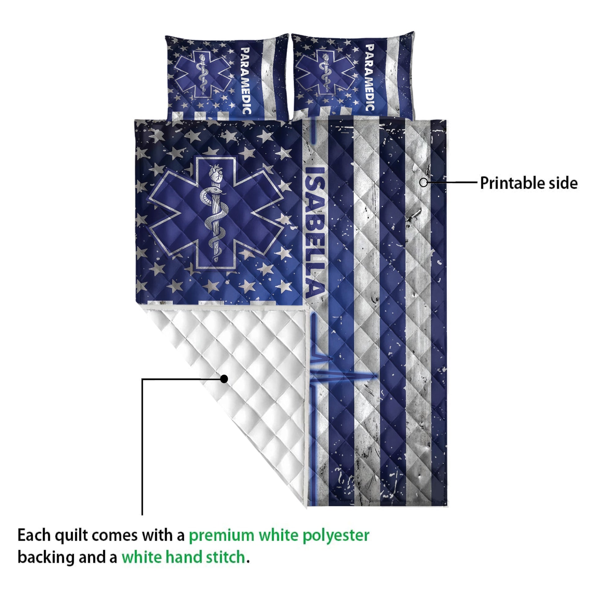 Paramedic quilt blanket showing the printed front artwork and quilted white reverse side in a product detail view