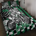 Motocross quilt bedding set displayed on a bed with dirt bike rider artwork in black and green
