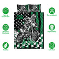 Motocross quilt blanket set with dirt bike artwork, black and green graphics, and feature icons