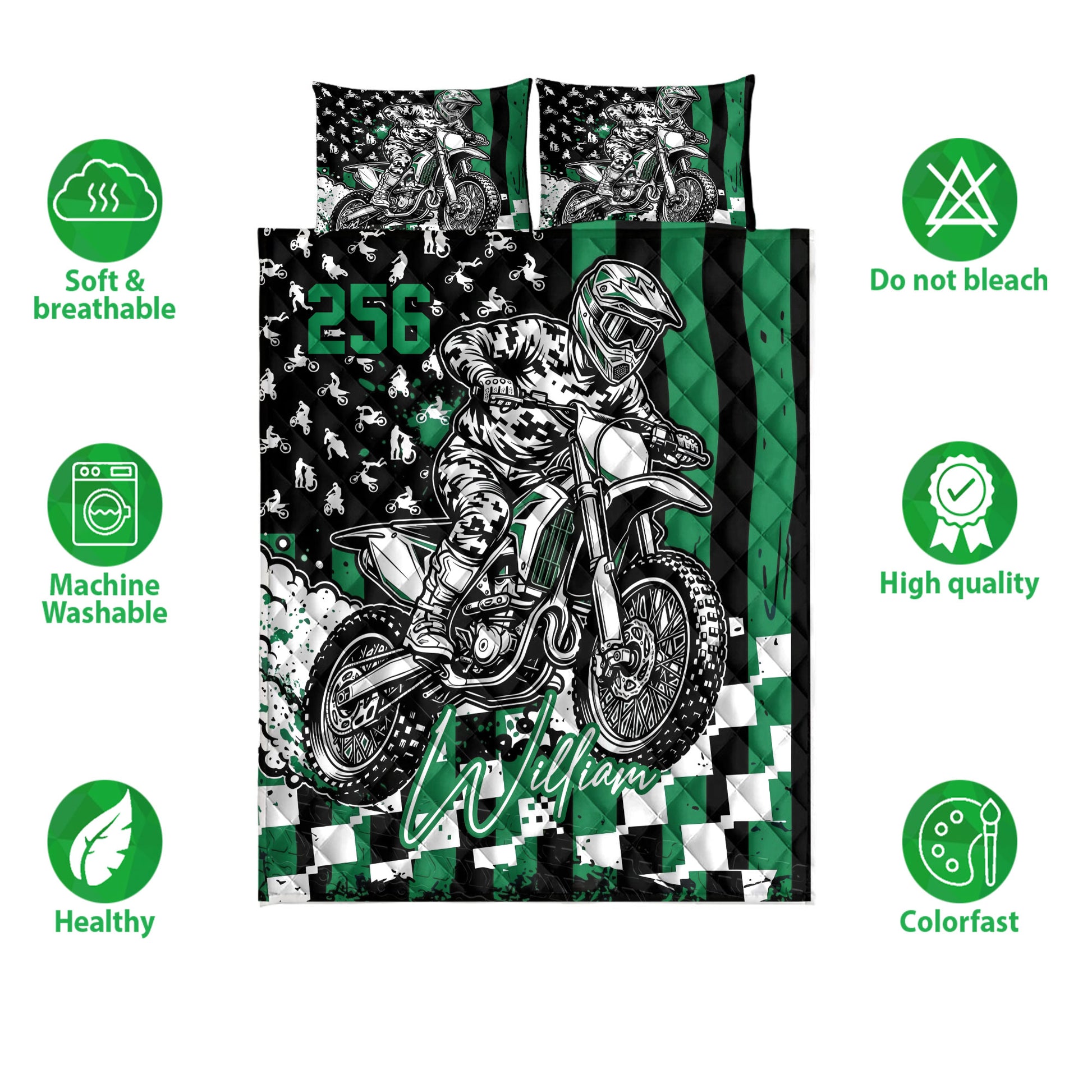 Motocross quilt blanket set with dirt bike artwork, black and green graphics, and feature icons