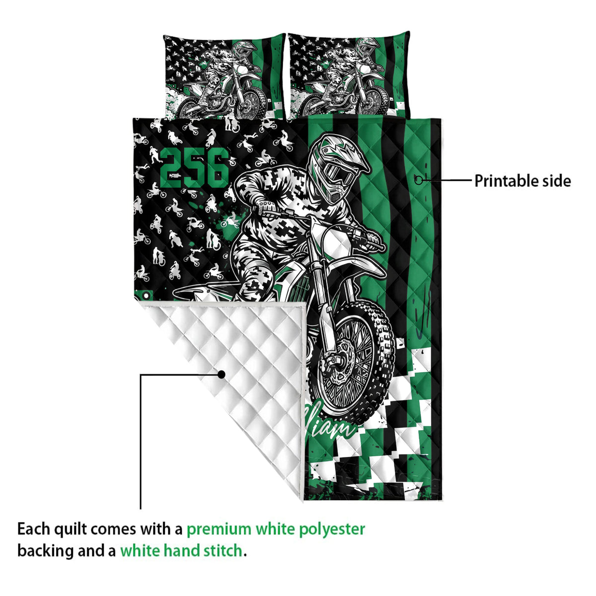 Motocross quilt showing a dirt bike rider design, printed front, and quilted white backing